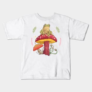 mushroom, frog, cottagecore, toad, cute, Kids T-Shirt